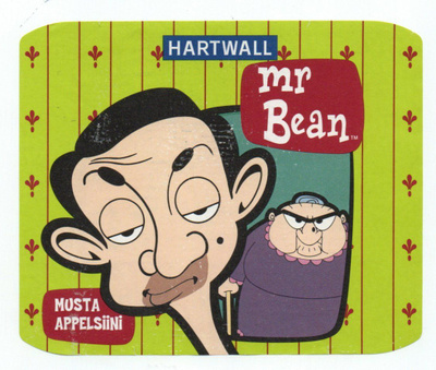 Hartwal mr Bean. Musta Appelsiini Virvoitusjuoma etiketti.