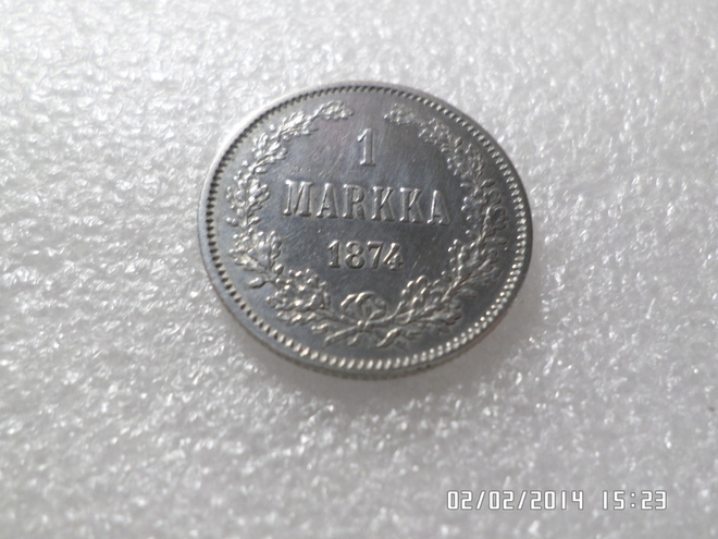 1 mk  1874  hopeaa   siistikuntoinen   raha  ,