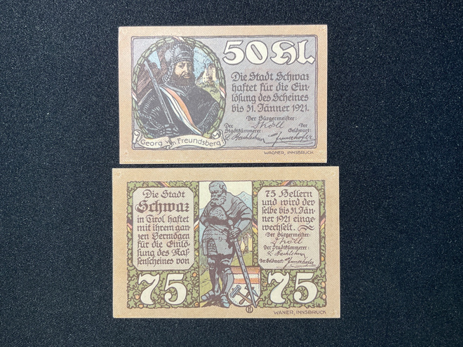 Notgeld 2 kpl Die Stadt Schwarz Tirol 31.Jänner 1921.