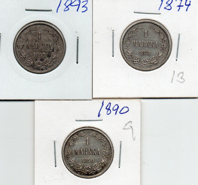 Kolme markan hoperahaa1874, 90, 93