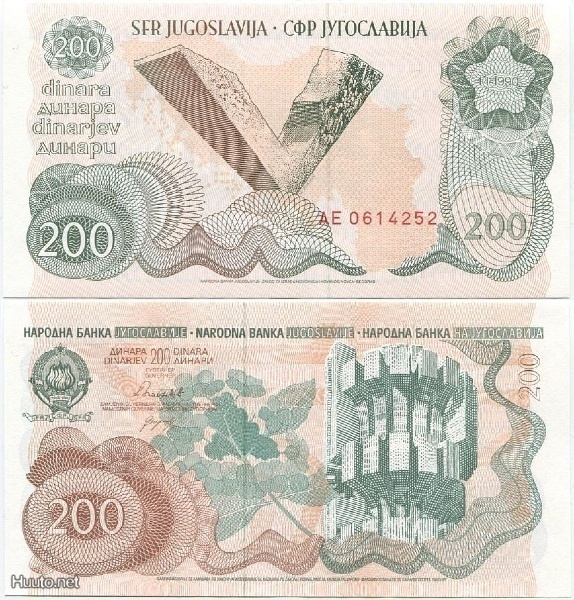 Jugoslavia 200 Dinara 1990 (P-102) UNC harvinainen