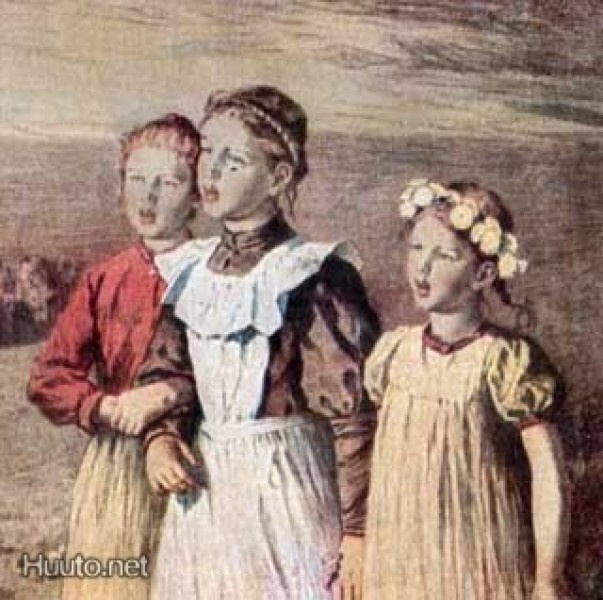 LAPSET / Kolme tyttöä niityllä laulamassa. 1910-l.