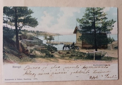 Hanko, Kylpyläpuisto, vossikka rannalla, vanha väripk p 1907