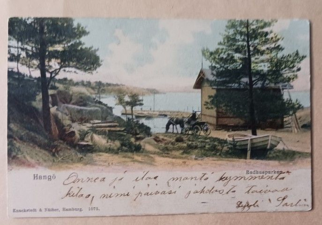 Hanko, Kylpyläpuisto, vossikka rannalla, vanha väripk p 1907