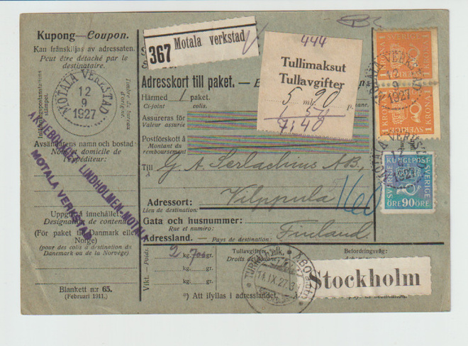 Osoitekortti, vanha v 1927 RUOTSI--MÄNTTÄ,  TURUN kautta