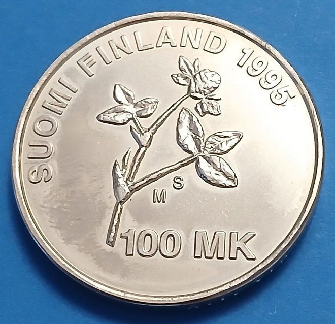 Hopeinen juhlaraha 100 mk vuodelta 1995 AIV.