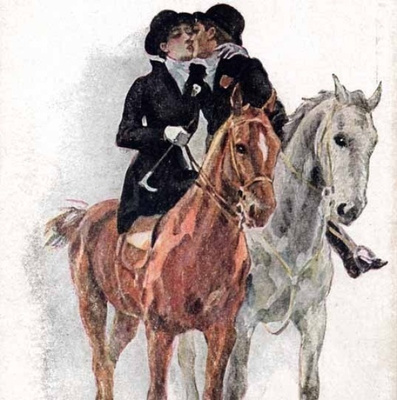 RAKKAUS / Nainen ja mies suutelevat - hevoset. 1910-l.