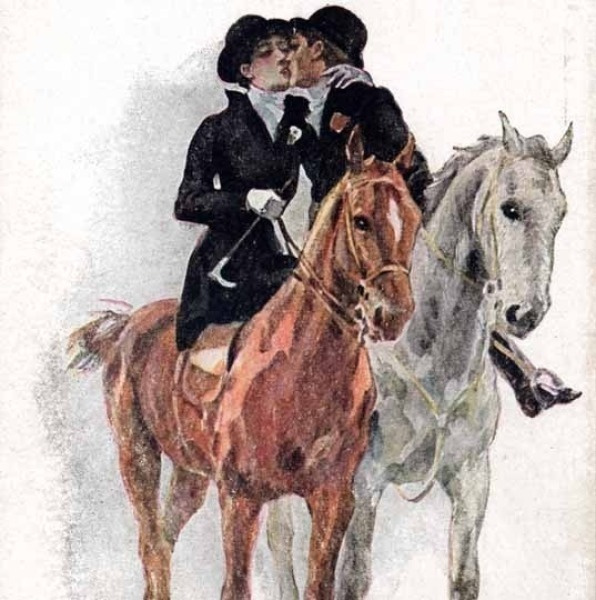 RAKKAUS / Nainen ja mies suutelevat - hevoset. 1910-l.