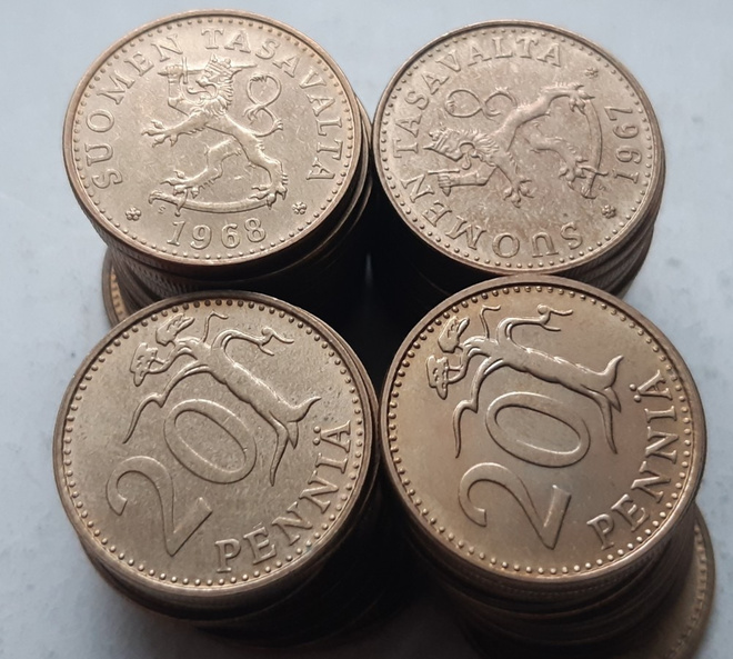 20 penniä v. -67 ja -68, 50 kpl, circ