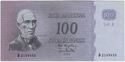 100 Markkaa 1963 Litt.A A-sarjaa, kl.6