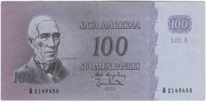 100 Markkaa 1963 Litt.A A-sarjaa, kl.6