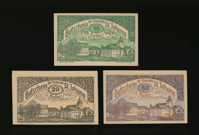 Itävalta Notgeld 10, 20, 50 Heller, St. Johann 1920