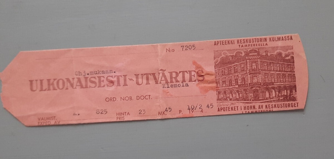 signatuuri Tampere apteekki Keskustorin kulmassa -45 PUN.