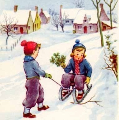 LAPSET / Poika vetää kaveriaan kelkassa. 1950-l.