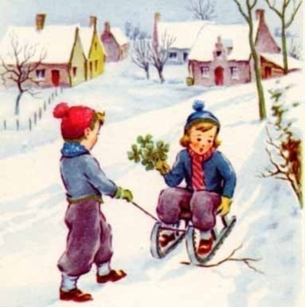 LAPSET / Poika vetää kaveriaan kelkassa. 1950-l.