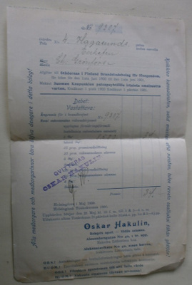 V. 1900, Suomen Kaupunkien Paloapuyhtiö, vakuutuskuitti
