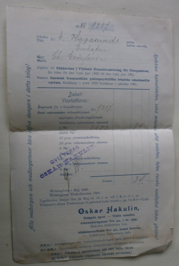 V. 1900,  Suomen Kaupunkien Paloapuyhtiö, vakuutuskuitti