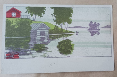 Mökki, talas, järvimaisemaa, piirrospk, p. 1920