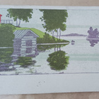 Mökki, talas, järvimaisemaa, piirrospk, p. 1920 - pikkukuva 1