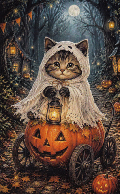 Halloween kissalla haamuasu ja kurpitsakärryt