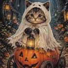 Halloween kissalla haamuasu ja kurpitsakärryt - pikkukuva 1