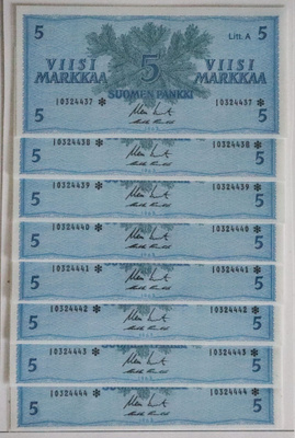 I-sarjan tähtisetelit Litt A. viisi markkaa 1963, 8 seteliä