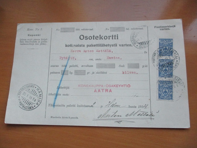 1914 Hki Konekauppa Oy AATRA pakettikortti Haminaan