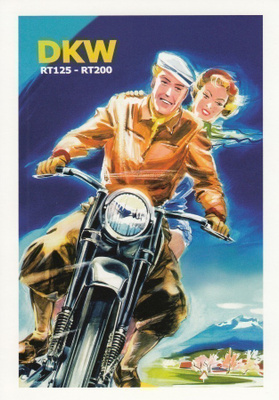 Mainos DKW moottoripyörä (postikortti)