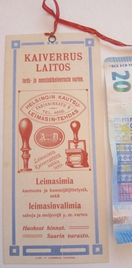 VANHA Mainos Lappu Kautsuleimasintehdas Helsinki KOMEA 1900-