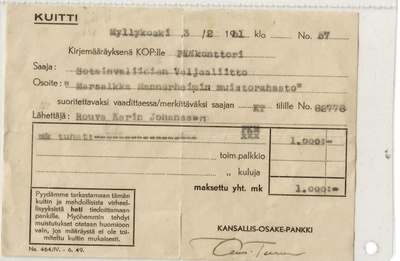Marsalkka Mannerheimin muistorahaston keräyskuitti