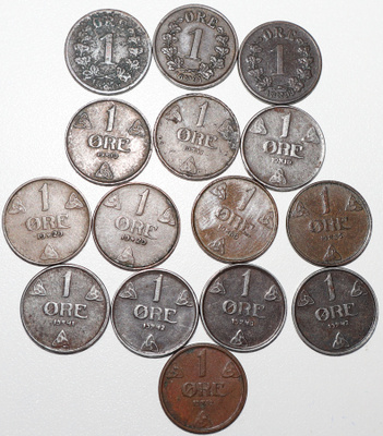 Norja 1 Öre 1876-1952, 15kpl