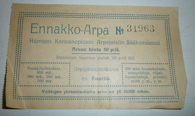 Sääksmäki 1912, Ennakkoarpa Hämeen kansanopiston arpajaisiin