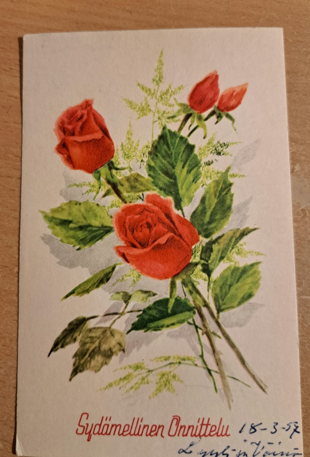 kukkakortti, pikkuruusuja, kulkenut 1956