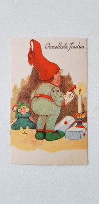 Pieni joulukortti n. 7 x 11 cm, tonttu sinettihommissa v. 44
