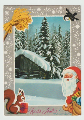 Orava ja joulupukki ,taustalla lato