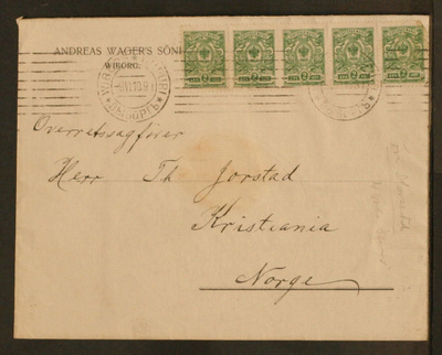 # 23795 # Kirje Wiipuri > Norja - 1910 - Ve-2kop 5-rivilö