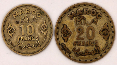 Marokko 10 ja 20 frangin kolikot 1952