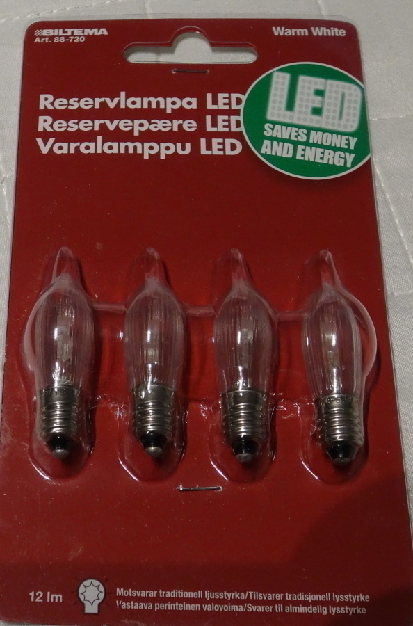 4 kappaletta LED-lamppua E10, 230V, 12lm, esim. joulukuuseen