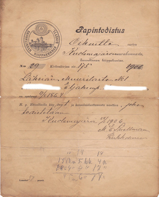 Papintodistus Savonlinnan hiippakunta 1906.