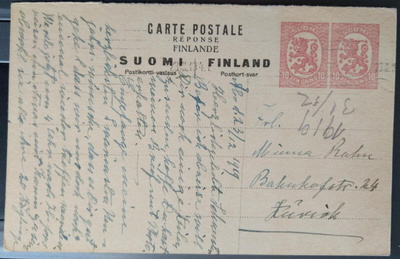 Ehiökortin nro 43 vastausosa Sveitsiin 1919
