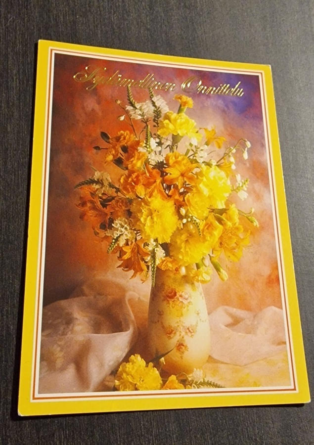 Onnittelukortti/ kukkakortti, kulkenut postikortti