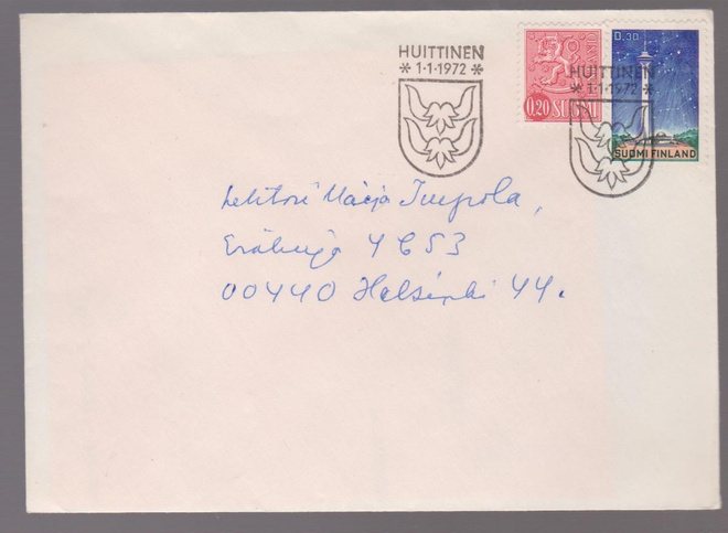 HUITTINEN 1.1.1972 ERIKOISLEIMA M63 0.20MK JA NÄSINNEULA KUL