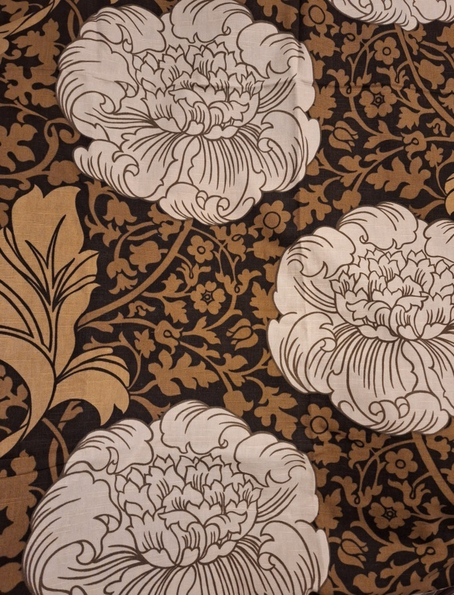 Verho krysanteemikuviolla ruskea beige