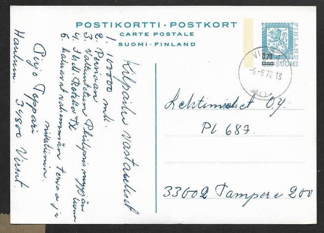 Postilähetys - Ehiö 0,70/0,60 (LAPE 134) Virrat 6.9.76