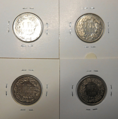 Switzerland. 1 franc 1968, 1978, 1979, 1983. 4 kolikkoa.