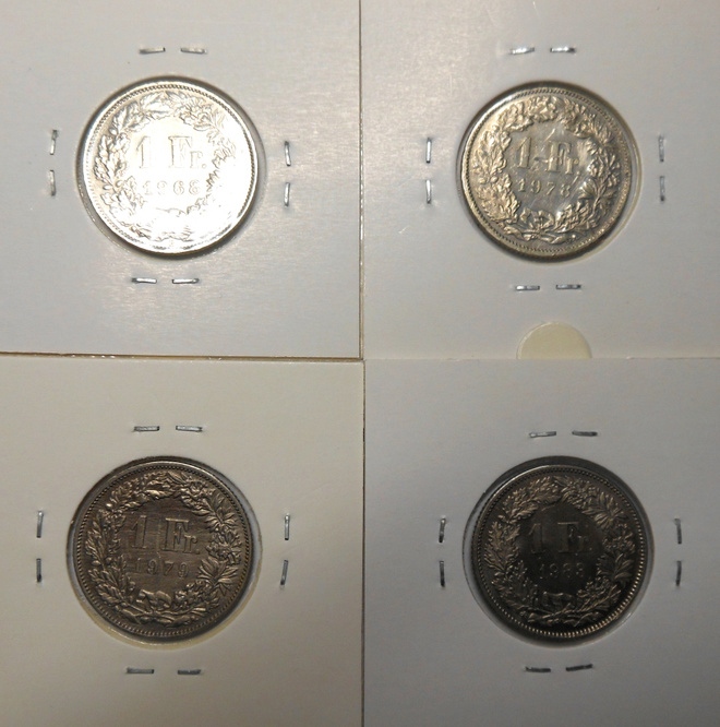 Switzerland. 1 franc 1968, 1978, 1979, 1983. 4 kolikkoa.