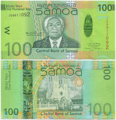 Samoa 100 Tala 2008 (P-42a) UNC hieno ja värikäs, hybrid