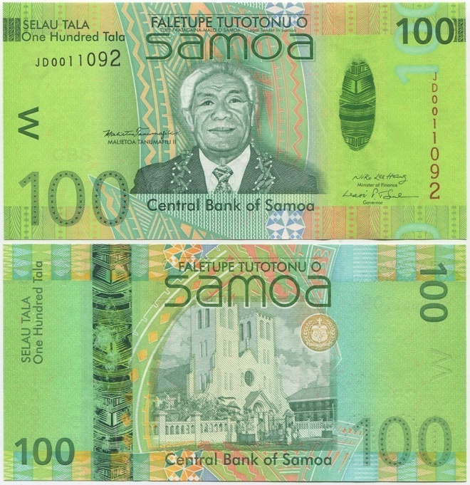 Samoa 100 Tala 2008 (P-42a) UNC hieno ja värikäs, hybrid