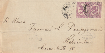 1920  2X40p lila merkeillä kirje Karkusta Postijunalla-Hki:n
