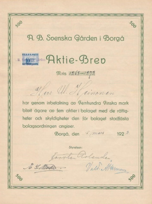 OKK 1922 Svenska Gården i Borgå Ab, Porvoo osakekirja